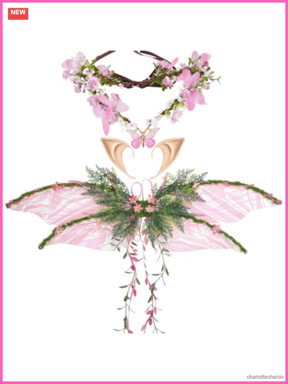 Fairy Wings Set Adult 3 PCS Elf Ears Butterfly Wings Flower Crown Renaissance